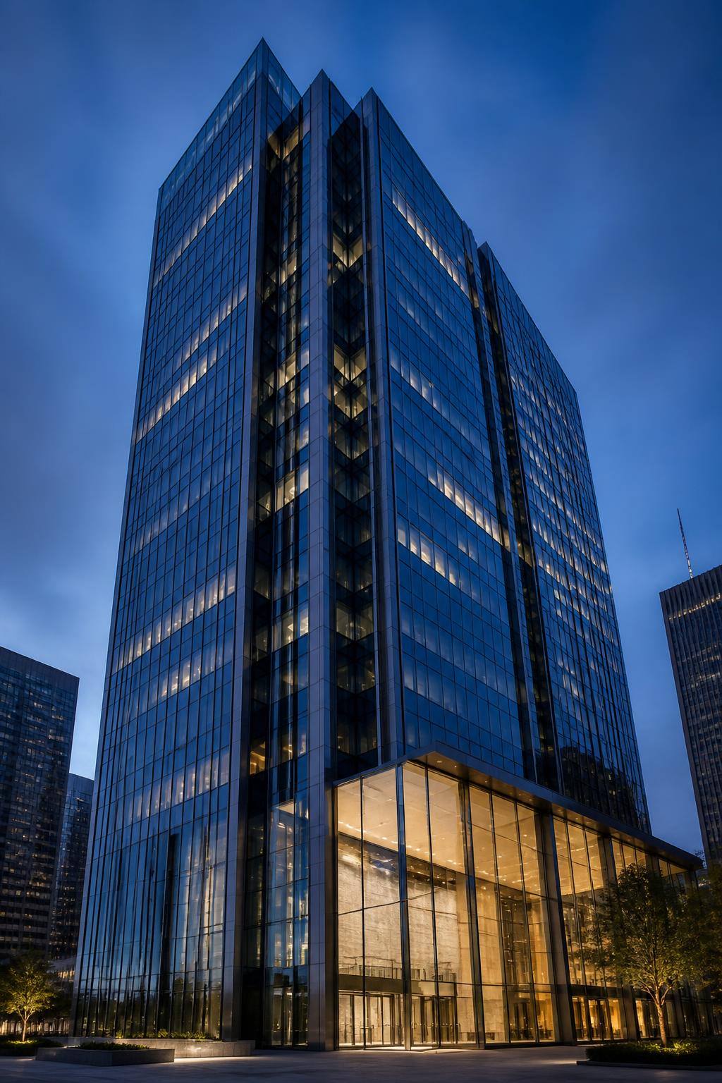 Luxury glass commercial tower in Houston at dusk